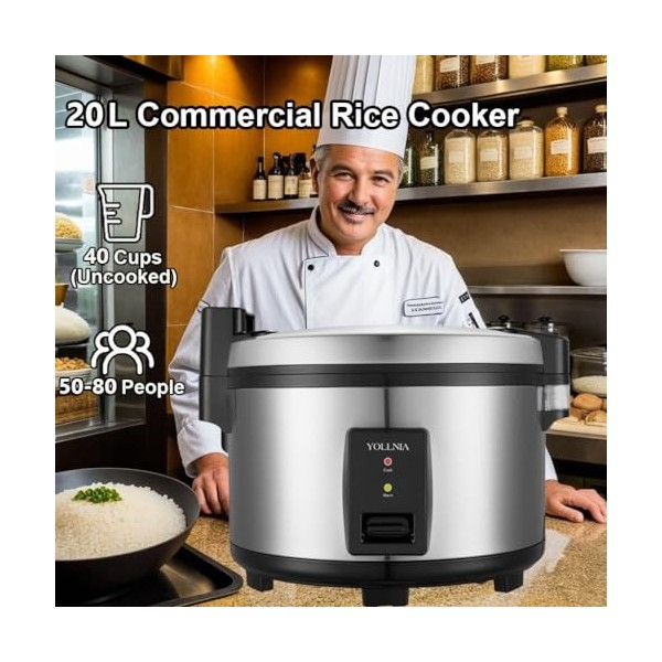 Yollnia Grande Cuiseur à riz, 20 L, riz pouvant accueillir jusquà 35-50 personnes sans le brûler, avec fonction maintien au 