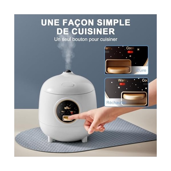Bear Cuiseur à riz 2 tasses non cuit, petit cuiseur de riz 1.2L avec revêtement antiadhésif, sans BPA, mini cuiseur à riz por
