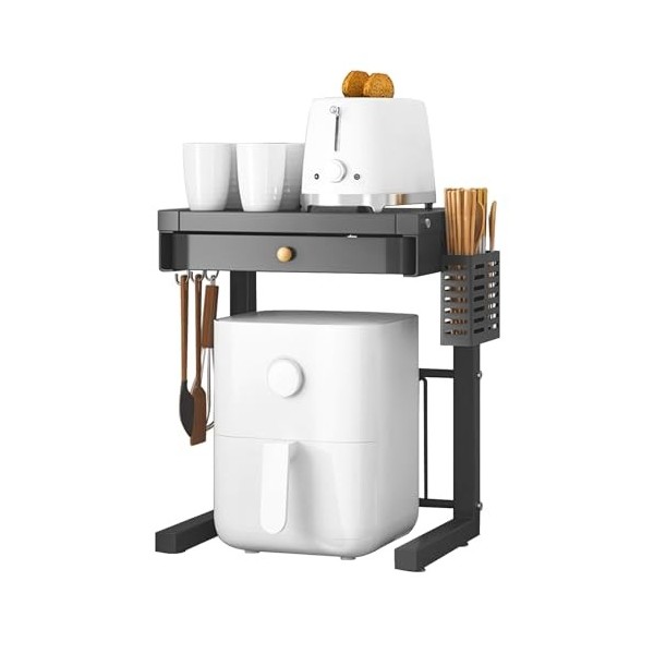 KMQRDZi Étagère pour cuiseur à riz, friteuse à air chaud, organiseur debout, cuiseur à riz, avec 3 crochets, tiroir et panier