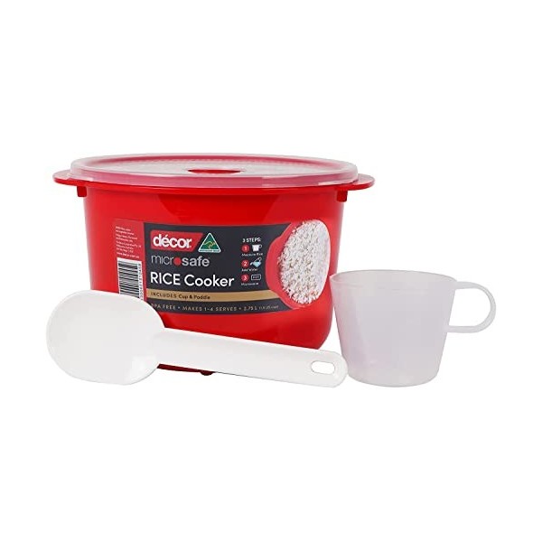 Décor Cuiseur à Riz pour Micro-Ondes | Poignées sécurisées | Fait 1 à 4 portions | Capacité de 2,75 L, Rouge