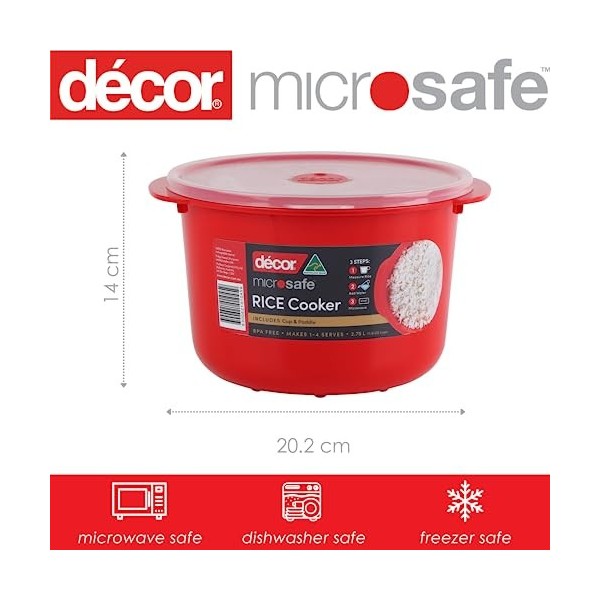 Décor Cuiseur à Riz pour Micro-Ondes | Poignées sécurisées | Fait 1 à 4 portions | Capacité de 2,75 L, Rouge