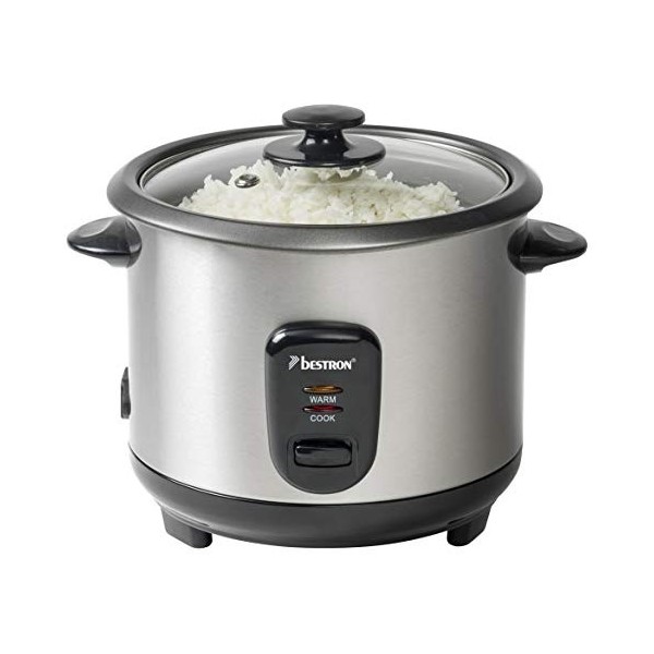 Bestron Grand cuiseur à riz avec panier vapeur et fonction maintien au chaud, 1 L, 400 W, Acier inoxydable, Argenté