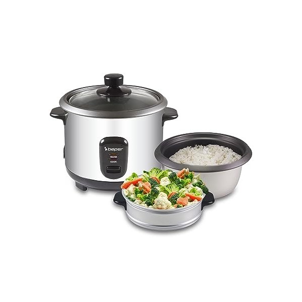 BEPER 90.550 Cuiseur de Riz et Cuiseur Vapeur 2 en 1 en Acier 1 L - Cuiseur Riz et Cuiseur Vapeur Electrique avec Doseur et C
