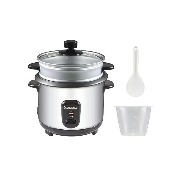 BEPER 90.550 Cuiseur de Riz et Cuiseur Vapeur 2 en 1 en Acier 1 L - Cuiseur Riz et Cuiseur Vapeur Electrique avec Doseur et C