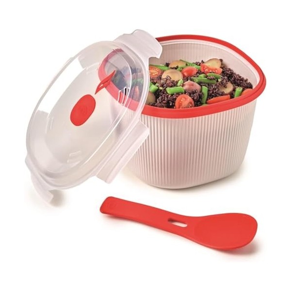 Snips, Cuiseur à Riz et Céréales pour micro-ondes, Cuiseur Vapeur 2,70 LT, 20,5 x 20,5 x 14,5 cm, Couleur Blanche et Rouge, M