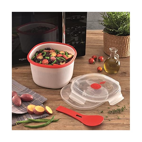 Snips, Cuiseur à Riz et Céréales pour micro-ondes, Cuiseur Vapeur 2,70 LT, 20,5 x 20,5 x 14,5 cm, Couleur Blanche et Rouge, M