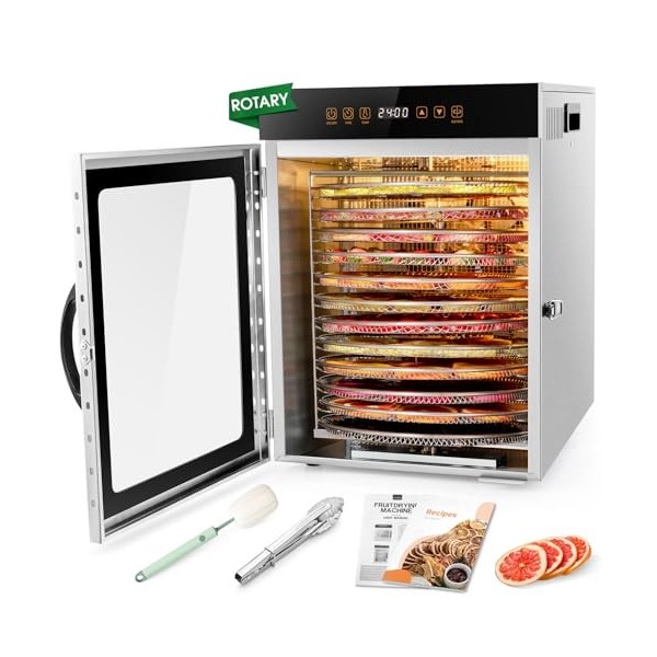 Kwasyo Deshydrateur Alimentaire avec 12 Rotatif Plateaux en Inox - Double ventilateur Séchage efficace à 720° - Deshydrateur 