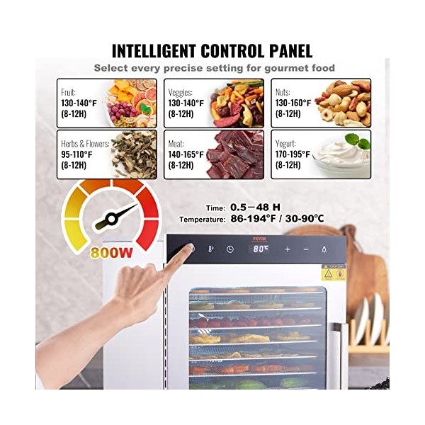 VEVOR Déshydrateur Alimentaire Électrique 10 Plateaux Inox 800 W Déshydrateur de Fruits et Légumes Température Réglable 30-90