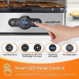 Aigostar BPA Sans 240W Crispy-Deshydrateur Alimentaire avec 5 Plateaux, Multicolore