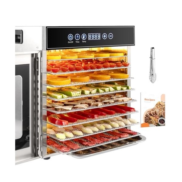 Kwasyo 8 Plateaux Deshydrateur Alimentaire en Acier Inoxydable, avec Température Réglable 30 à 90°C et Minuterie Numérique 0