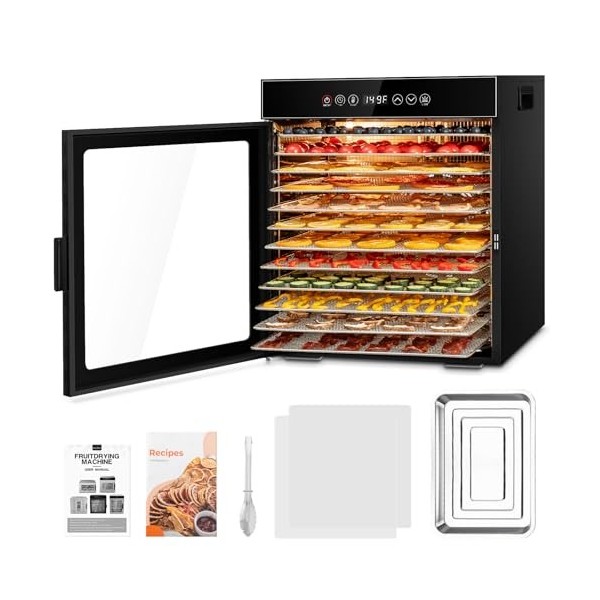 Kwasyo Déshydrateur Alimentaire 12 Plateaux en Acier Inoxydable, Tout en Noir, Structure à Double Couche, Grande Capacité Dés