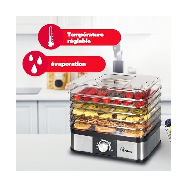ARDES - AR1K15 Déshydrateur Alimentaire pour Fruits Légumes Champignons Déshydratation Rapide - 5 Clayettes Lavables, Tempéra