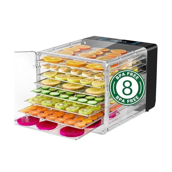 Reemix 8 Plateaux Déshydrateur Alimentaire en Acier Inoxydable, Contrôle tactile LED, avec Température Réglable 30 à 75°C et 