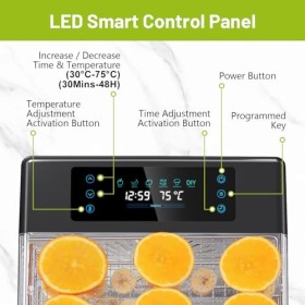Reemix 8 Plateaux Déshydrateur Alimentaire en Acier Inoxydable, Contrôle tactile LED, avec Température Réglable 30 à 75°C et 