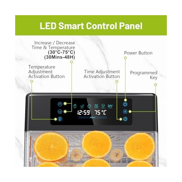 Reemix 8 Plateaux Déshydrateur Alimentaire en Acier Inoxydable, Contrôle tactile LED, avec Température Réglable 30 à 75°C et 