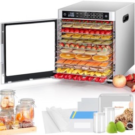 Kwasyo Déshydrateur Alimentaire 12 Plateaux en Acier Inoxydable, 6 Fonctions Préréglées, Déshydrateur 800W, 6 Tapis en Silico
