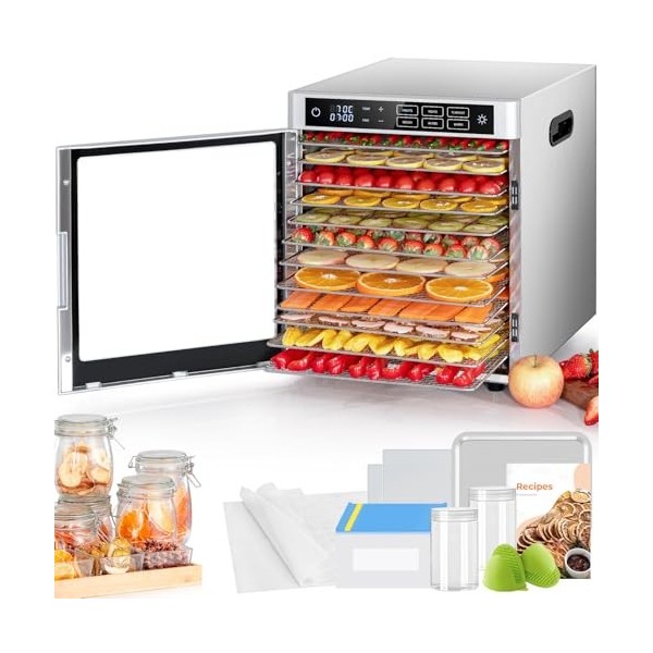 Kwasyo Déshydrateur Alimentaire 12 Plateaux en Acier Inoxydable, 6 Fonctions Préréglées, Déshydrateur 800W, 6 Tapis en Silico