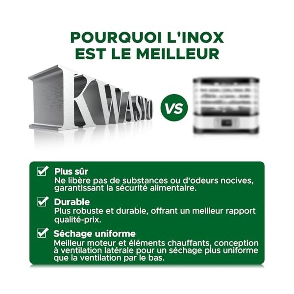 Kwasyo Déshydrateur Alimentaire 12 Plateaux en Acier Inoxydable, 6 Fonctions Préréglées, Déshydrateur 800W, 6 Tapis en Silico
