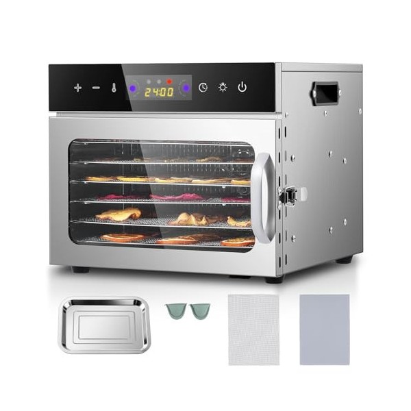 Moongiantgo Deshydrateur Alimentaire, Déshydrateur de Nourriture avec 6 Plateaux Inox, Réglable de Température 30-90 ℃, Minut