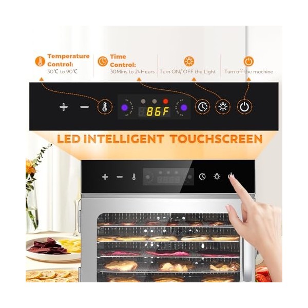 Moongiantgo Deshydrateur Alimentaire, Déshydrateur de Nourriture avec 6 Plateaux Inox, Réglable de Température 30-90 ℃, Minut
