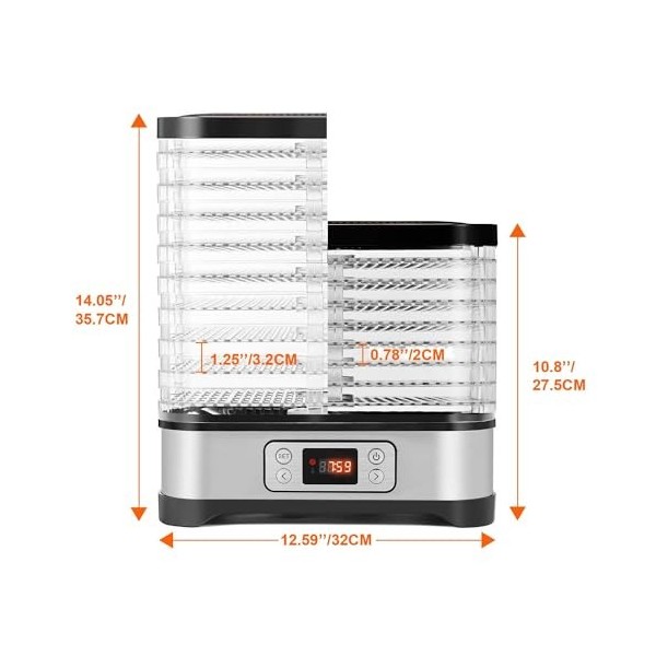 COOCHEER Déshydrateur automatique en acier inoxydable avec 8 compartiments, minuterie et réglage de la température de 35 à 70