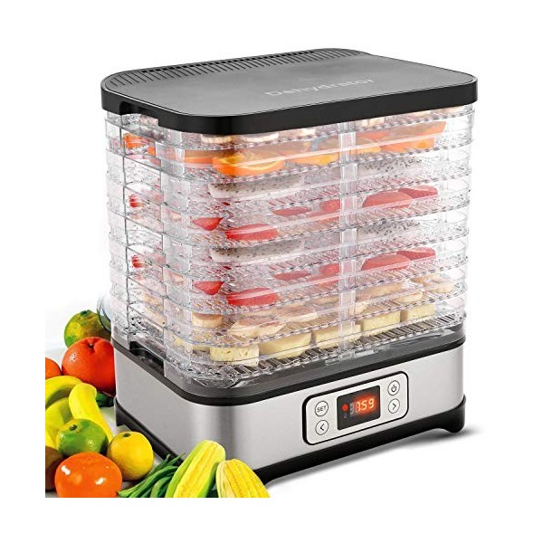 Meykey Déshydrateur Fruits et Légumes 8 Plateaux Déshydrateur Alimentaire 400W avec Thermostat Réglable, Argent