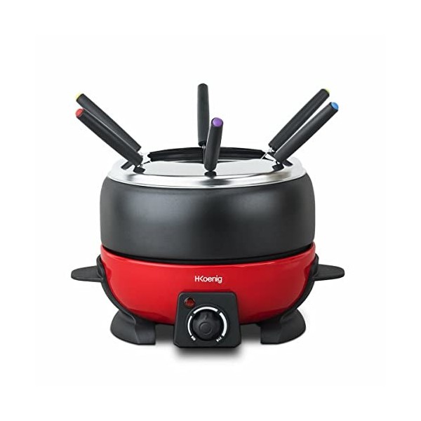 H.Koenig Appareil à Fondue Electrique 6 Fourchettes 2L Inox ALP1800, Service à Fondue Chocolat Bourguignonne Fromage Savoyard