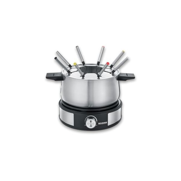 Severin Fondue Crêpière 2 en 1, Inclus 8 fourchettes à fondue, spatule à crêpe et répartiteur de pâte, Inox/Noir, FO 2471