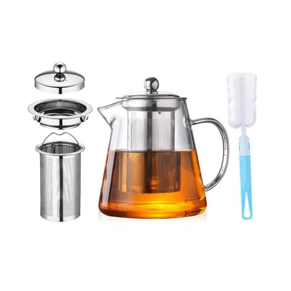 Théière en verre avec infuseur [Style de mise à niveau] Théière en verre résistant à la chaleur avec infuseur amovible, Théiè