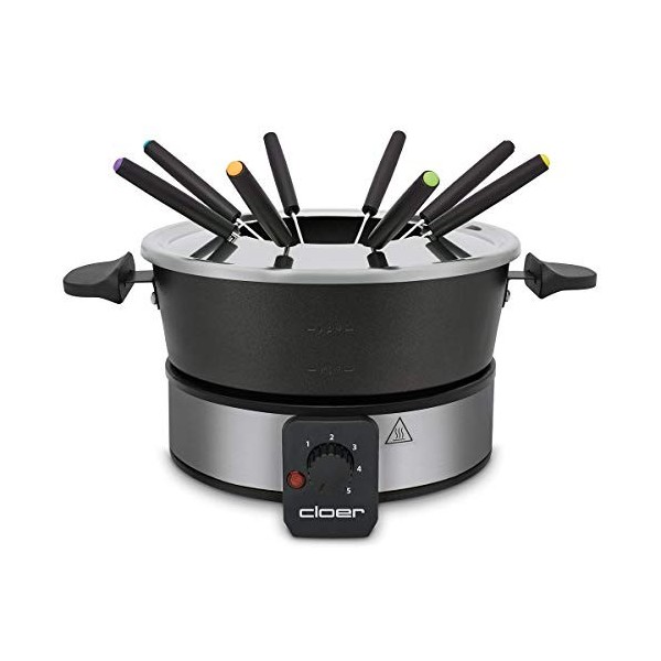 Cloer 6679 Fondues électriques jusquà 8 Personnes, Pot en Aluminium revêtu, Protection Anti-éclaboussures Amovible, 8 fourch
