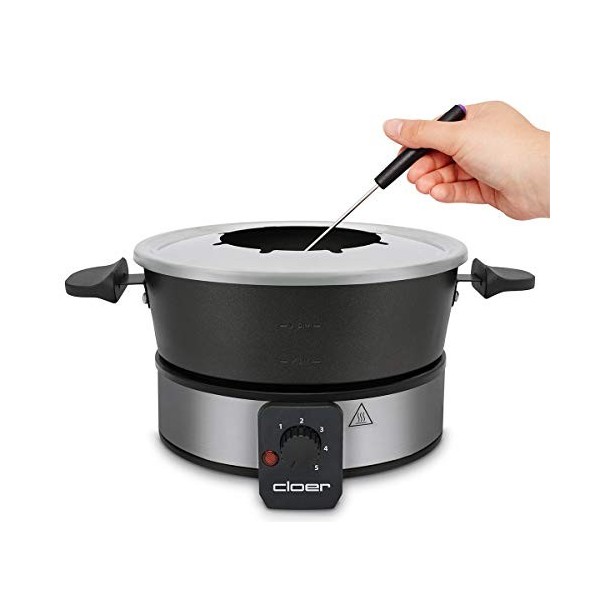 Cloer 6679 Fondues électriques jusquà 8 Personnes, Pot en Aluminium revêtu, Protection Anti-éclaboussures Amovible, 8 fourch