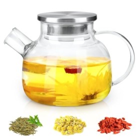 1000ML Théière en Verre Transparente, Théière en Verre Clair Résistant à la Chaleur, Théière En Verre Avec Passoire, Grande T