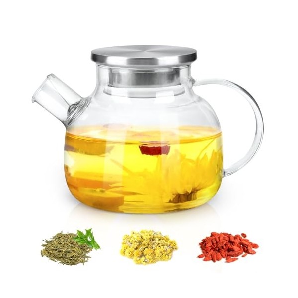 1000ML Théière en Verre Transparente, Théière en Verre Clair Résistant à la Chaleur, Théière En Verre Avec Passoire, Grande T