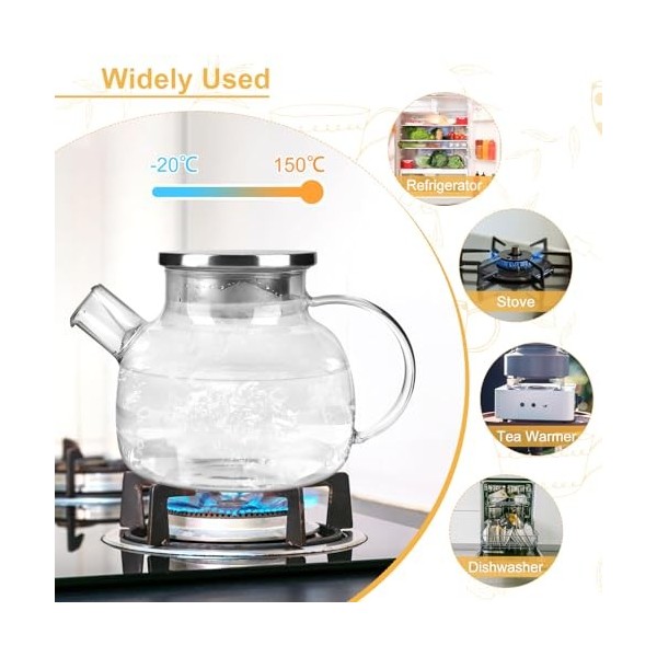1000ML Théière en Verre Transparente, Théière en Verre Clair Résistant à la Chaleur, Théière En Verre Avec Passoire, Grande T