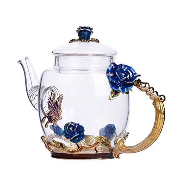 Théière en verre émaillé résistant à la chaleur - Théière créative en verre émaillé - Théière et tasse en cristal - Bleu