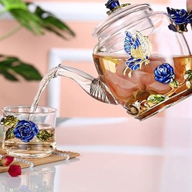 Théière en verre émaillé résistant à la chaleur - Théière créative en verre émaillé - Théière et tasse en cristal - Bleu