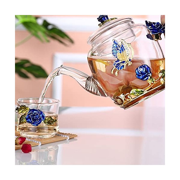 Théière en verre émaillé résistant à la chaleur - Théière créative en verre émaillé - Théière et tasse en cristal - Bleu