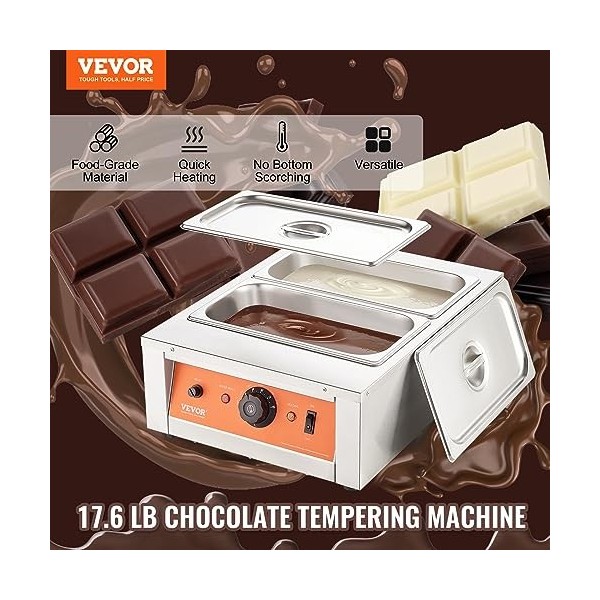 VEVOR Tempéreuse à Chocolat Commerciale 1500 W Bain-Marie Électrique pour Chocolat 2 Cuves de 3,3 L Fondoir à Chocolat Tempér