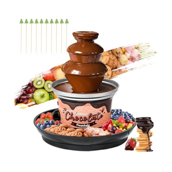 Huanyu Fontaine à chocolat à 3 étages avec 10 brochettes en bambou Plateau de service amovible 450g Fontaine à fondue au choc