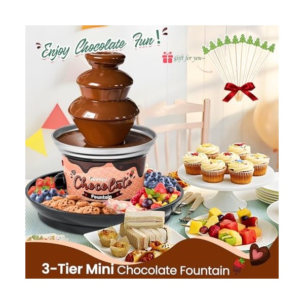 Huanyu Fontaine à chocolat à 3 étages avec 10 brochettes en bambou Plateau de service amovible 450g Fontaine à fondue au choc