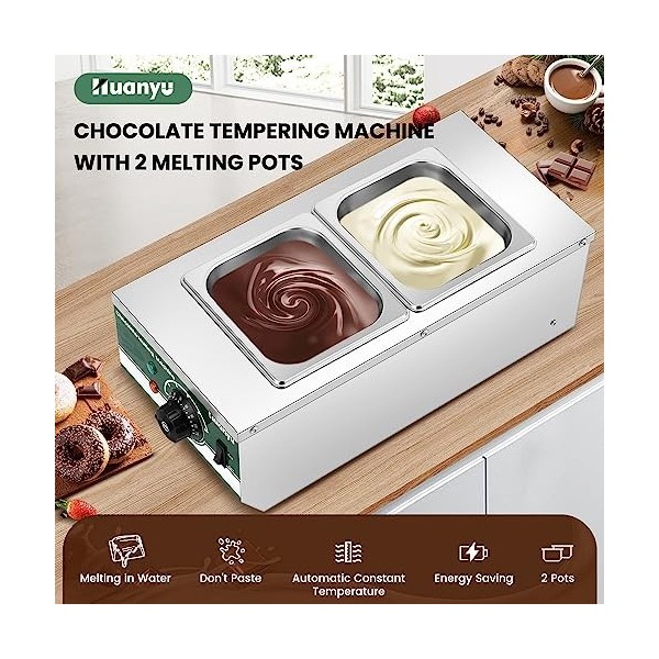 Huanyu Tempéreuse à chocolat avec 2 pots 30℃-110℃ Machine à fondre le chocolat Fondoir à chocolat commercial 800W Pot de fusi