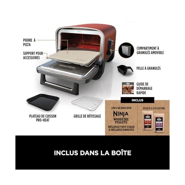 Ninja Woodfire Four à pizza extérieur électrique 8-en-1, rotissoire & fumoir barbecue avec grille, plaque pro-heat, pierre à 