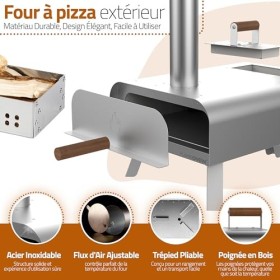 Four à Pizza Extérieur au Feu de Bois ● Transportable ● Acier Inoxydable à Double Isolation ● Surface de Cuisson XXL ● Flux d