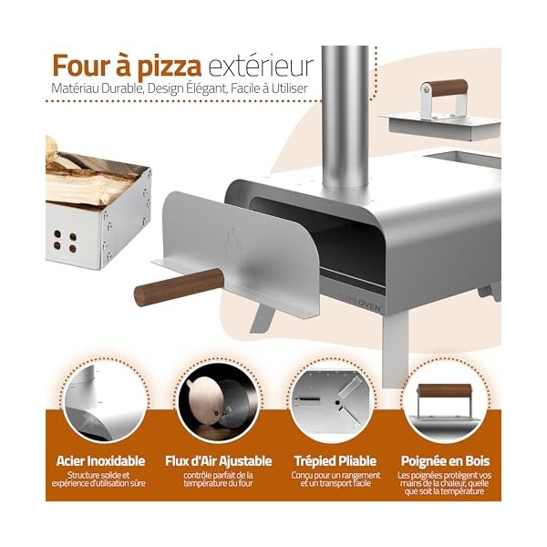 Four à Pizza Extérieur au Feu de Bois ● Transportable ● Acier Inoxydable à Double Isolation ● Surface de Cuisson XXL ● Flux d