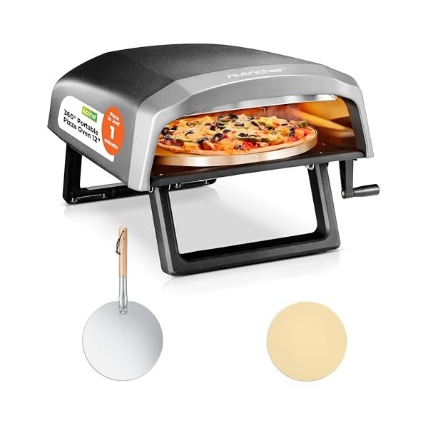 NutriChef Fours à pizza dextérieur portables de table – Four à pizza à gaz de 30,5 cm, pierre à pizza rotative à 360°, machi