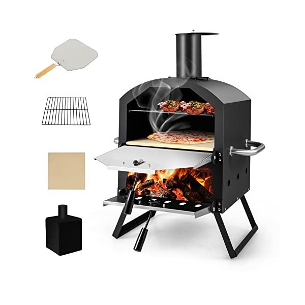 GYMAX Four à Pizza Extérieur Mini, Fours à Pizza au Bois avec Pierre à Pizza, Pelle à Pizza, Jambes Pliantes et Poignées Port
