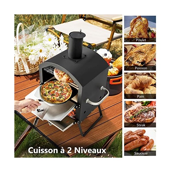 GYMAX Four à Pizza Extérieur Mini, Fours à Pizza au Bois avec Pierre à Pizza, Pelle à Pizza, Jambes Pliantes et Poignées Port