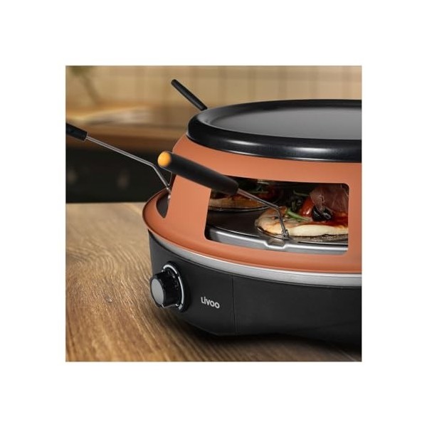 Livoo - Four à pizza DOC304, 6 personnes, 1200W, mini pizza de ⌀ 10 cm, thermostat ajustable, plateau amovible, 6 mini pelles
