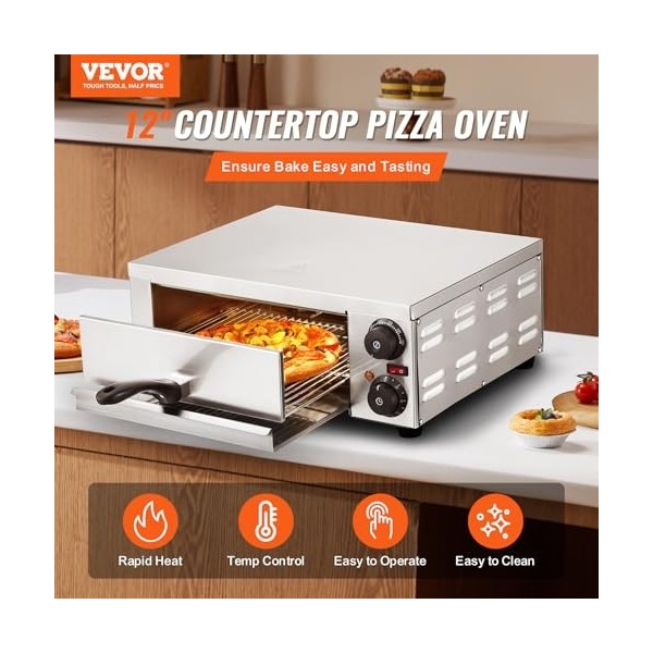 VEVOR Four à Pizza de Comptoir, Four Électrique 12 po 1500 W, avec Contrôle de la Température et Minuterie 0-120 min, Cuisson