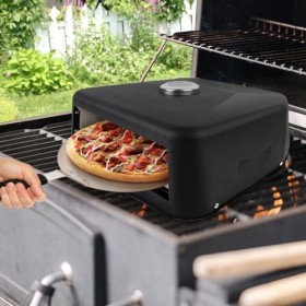 Four à Pizza Portable, Appareil à Pizza étanche Multifonctionnel avec Thermomètre pour Gril Extérieur, Pierre à Pizza, Noir
